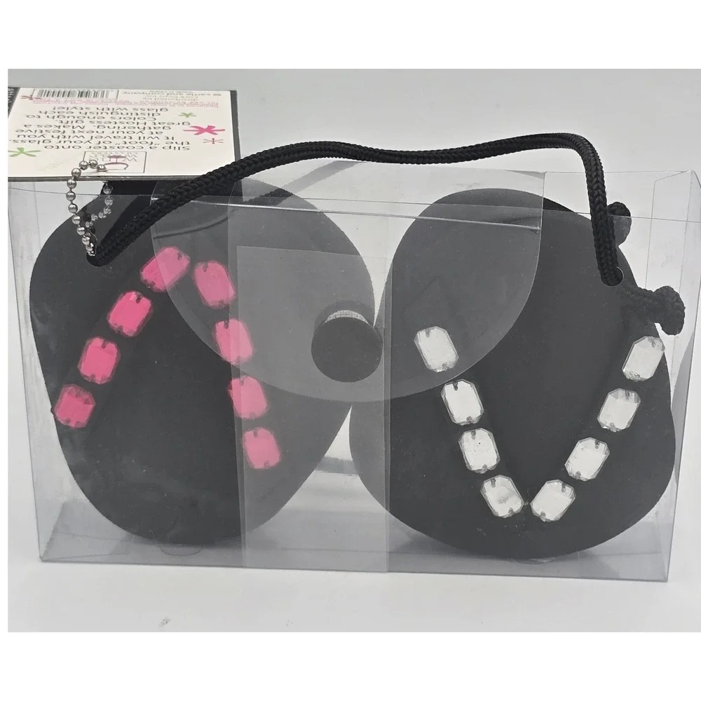 Wine Wear Steppin Out Flip Flop Glass Coasters Set of 4 Rhinestone Black Foam